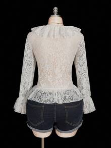 SHEIN ICON 大码女式优雅V领荷叶边蕾丝长袖衬衫，秋季，日期 - 白色 - 查看 2