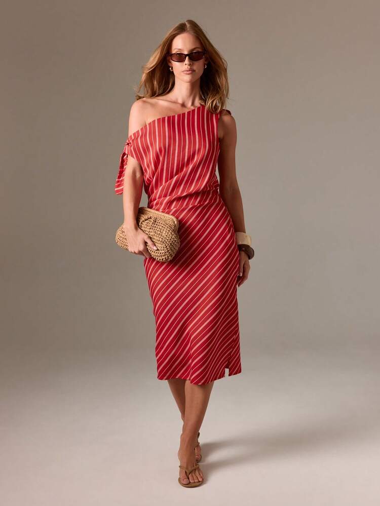 AiiRZ Off Shoulder Diagonal Striped Midi Dress With Tie Sleeves