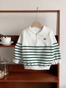 SHEIN 1 Piece Young Boy Leisure College Comfortable Fashion Simple Practical All-Match With Half Door Lapel Stripe Soft Comfortable Thick Warm Sweater Suitable For Outdoor Play Suitable For School Back To School Daily Suitable For School Suitable For Travel Suitable For Sports Suitable For Spring Autumn And Winter Fall