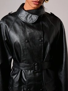 COSMINA Abrigo de trinchera de manga larga de unicolor y minimalista para mujer, chaqueta de cuero de uso diario para mujer en otoño/invierno