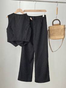 Elamini 女士職場利器——直條紋西裝馬甲和裤子套裝 - 黑色 - 查看 2