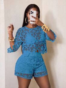 BamGleam 性感镂空蕾丝透视喇叭袖四季针织女式衬衫，女士上衣，修身优雅圆领上衣 - 藍色 - 查看 7