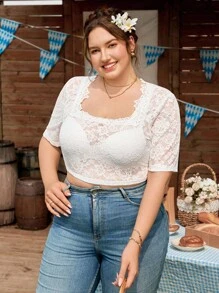 SHEIN Frenchy 加大码优雅简约蕾丝纯色方领衬衫，适合啤酒节、连衣裙 - 白色 - 查看 6