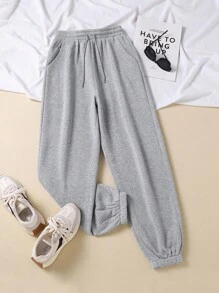 INAWLY 女用抽繩腰抓絨慢跑褲