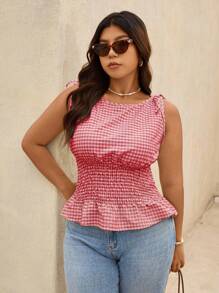 Elaquor Plus Size Women Plaid Waist Tie Ruffle Hem Tank Top - Red - View 3