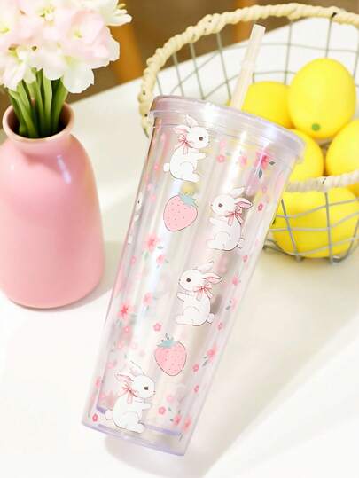 Kawaii 1pc Cold Drink Juice Cup,450ml Or 600ml Transparent With Flat Lid, Double-Layer Straw Cup, Juice Cup With Straw, Transparent Bow Pattern Cup, Kawaii Style