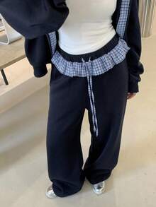 DAZY Set de 2 piese pentru femei, cu glugă și hanorac în carouri, pantaloni scurți cu picior drept, stil casual, stil streetwear - Albastru marin - Vizualizare 5