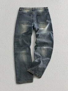 Manfinity VCAY Jeans casuales de cintura media para hombres, ajuste slim, jeans desgastados con salpicaduras de pintura, jeans desgastados, jeans con goteo, jeans rotos, jeans con salpicaduras de tinta, jeans con salpicaduras, jeans con pintura - Azul - Ver 2