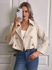 EMERY ROSE 女式简约优雅短款宽松杏色磨边风衣 - 杏色 - 查看 5