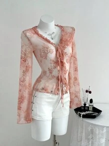 Elamini Sexy V-Neck Flocked Ruffle Tie-Up Slim Fit Sheer Long Sleeve Cardigan Top Fall Cloth For Women - Pink - View 5