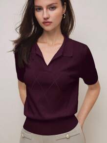 BizChic 2025秋冬新款勃艮第Polo领钻石针织毛衣上衣，优雅都市商务休闲办公装，适合约会、派对、郊游、机场、浪漫乡村音乐会、韩式、机场、婚礼嘉宾、生日、万圣节、圣诞节女士商务休闲上衣女士短袖上衣女士办公室上衣女士针织上衣 - 紫色 - 查看 6