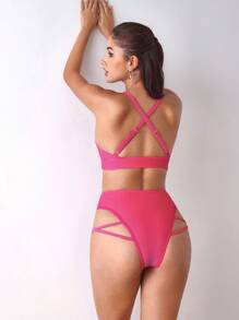 Menodora SHEIN Sport 女士条纹圆环连体吊带背心和内衣休闲健身运动套装 - 粉色 - 查看 2