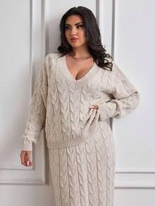 SHEIN Cottnline 2pcs Women Fashion Casual Elegant Traditional V-Neck Short Sweater And Slit Hem Skirt Knit Set Autumn Plus Size Two Pieces Lounge Evening Formal Grey - Apricot - View 5