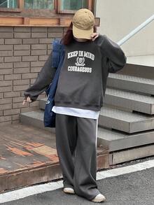 DAZY 少女休闲字母印花运动衫和运动裤套装秋季 - 深灰色 - 查看 2