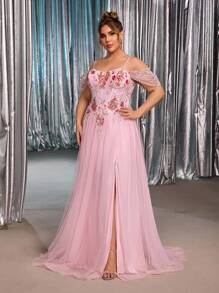 Glamrae 大码夏季优雅浪漫奢华粉色网眼缀饰露肩泡泡袖网眼裙，适合晚会、单身派对、约会、度假、舞会、婚礼、正式场合（重刺绣） - 粉色 - 查看 1