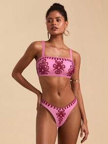 Travachic Damen Sommer Strand Blumen Muster Sexy Bikini Badeanzug Set, Rosa Bikini Set Zwei Teile Badeanzug, Bademode für Damen, Rosa Bescheidener Bikini Set 2 Teile Badeanzug - Heißes Pink - Übersicht 4