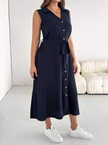 SHEIN Essnce 大码女装春夏时尚休闲宽松舒适基本款日常百搭修身深蓝色纽扣中长衬衫裙，女士工作服，女士机场装，简约风格，教师服，办公室装，带口袋的 V 领连衣裙 - 藏蓝色 - 查看 3