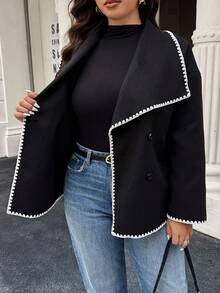 Calvaya Plus Size Autumn/Winter Fashion Color Block Trim Overcoat Fall Cloth For Women - Black - View 7