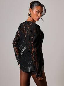 COSMINA 女士时尚性感透明蕾丝泡泡袖衬衫 - 黑色 - 查看 7