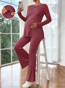 SHEIN Set de top y pantalones casuales de unicolor con abertura lateral para maternidad, 2 piezas - Rosa Fucsia - Ver 6