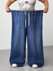SHEIN CURVE+ 大码宽松阔腿蓝色牛仔裤 - 深色水洗藍 - 查看 6