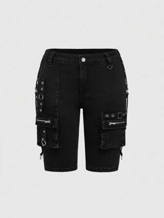 Grunge Punk Pantalones cortos vaqueros pitillo de mujer con bolsillo cargo, decoración metálica de estilo punk oscuro, longitud a la rodilla