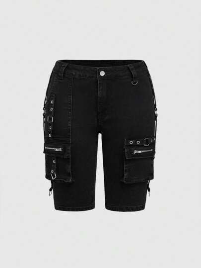 Grunge Punk Pantaloncini skinny da donna con tasche cargo, decorazione in metallo stile punk dark, lunghezza al ginocchio