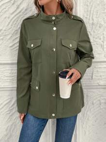 EMERY ROSE Women Casual Multi-Pocket Zip Up Lightweight Jacket, Suitable For Autumn - Army Green - View 6