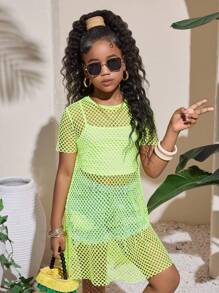 SHEIN 青少年女孩休闲针织网眼圆领短袖罩衫 - 黃色 - 查看 5