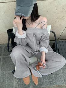 DAZY 女士露肩长袖运动衫和宽松休闲裤两件套，韩版，春秋 - 灰色 - 查看 9