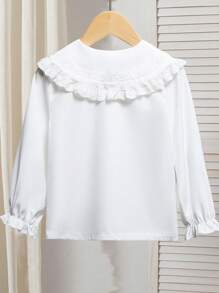 SHEIN Playful Pals 年轻女孩刺绣花卉荷叶边领长袖衬衫，优雅，春秋 - 白色 - 查看 2