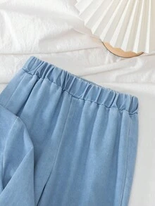 SHEIN 2 件幼儿男童韩版牛仔领长袖衬衫 + 时尚休闲牛仔裤套装，春秋 - 藍色 - 查看 6