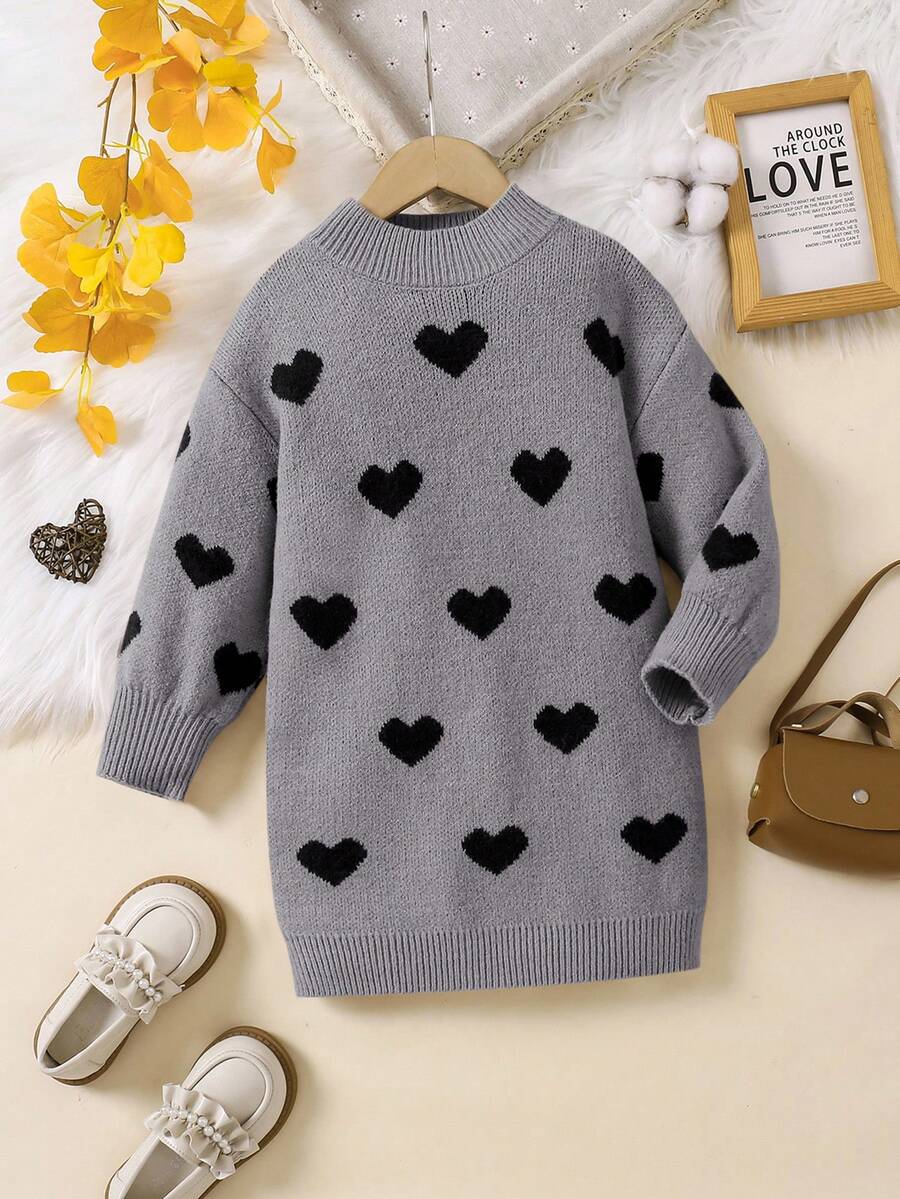 Robe décontractée à manches longues avec imprimé cœur pour jeune fille, col rond, automne/hiver - Gris - Voir 1
