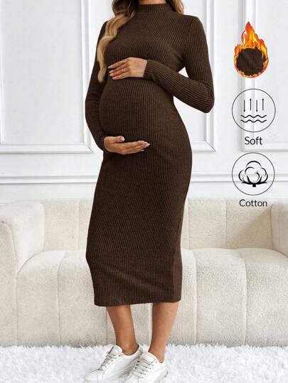 SHEIN Maternity Casual Solid Color Stand Collar Fitted Dress, Autumn/Winter Brown Maternity Dress Long Sleeve Maternity Dress Maternity Dress For Winter Ribbed Maternity Dress Cotton Maternity Dress