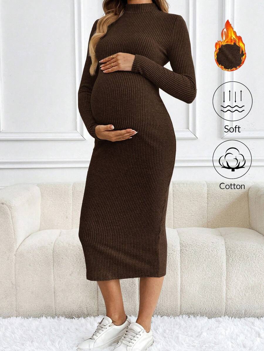 SHEIN Maternity Casual Solid Color Stand Collar Fitted Dress, Autumn/Winter Brown Long Sleeve For Winter Ribbed Cotton - Coffee Brown - View 1