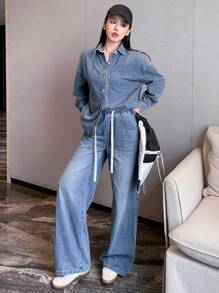 DAZY Women's Denim Suit, Washed Distressed Tie-Up Drawstring Shirt Top And Straight Leg Cargo Pants Set, Autumn/Winter,Fall Women Clothes - Light Wash - View 3