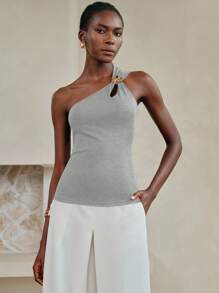 Arave Women's Summer Sleeveless Gray Hollow Metal Button 3D Flower Decoration One Shoulder Tank Top Resort Wear For Women, Vacation Tops, Gold Buttons, Sexy Tops Vacation Outfits Woman Off The Shoulder Top Party Dresses For Women