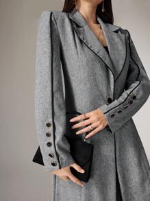 Heiryn 女士撞色滚边前扣休闲阿拉伯长袖罩袍套装，含裤子，优雅开襟罩袍裤装，适合日常休闲/工作场合 - 灰色 - 查看 2