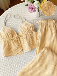 Comfortcana 2件套黄色条纹梭织女士度假休闲套装 - 黃色 - 查看 4