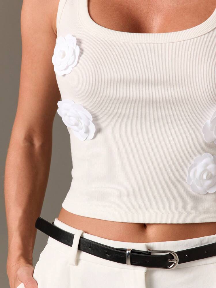 Ribbed Tank Top With Floral Appliques