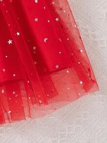 Glamorique Kids 1 szt. Sukienka dla młodej dziewczyny na jesień/zimę, nowy wysoki kołnierz, bufiaste rękawy, koralikowy wzór, wiązanie w talii, kokarda, koralikowe gwiazdki i księżyce, siateczkowy dół, elegancka tkanina, impreza, urodziny, dojazd do pracy, tiul, sukienka księżniczki