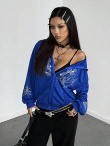 StreetHx 女士海军蓝英式水钻装饰街头风连帽衫 - 寶藍色 - 查看 2