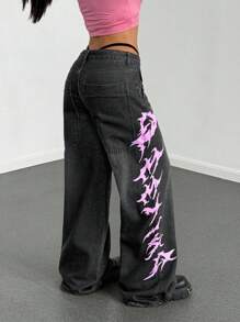 StreetHx Low Waist Printed Wide Leg Straight Jeans