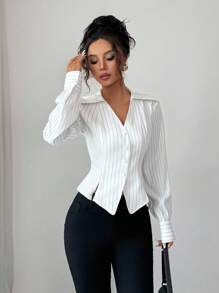 Rafferiza 女式法式竖条纹长袖单排扣开衫衬衫 - 白色 - 查看 6