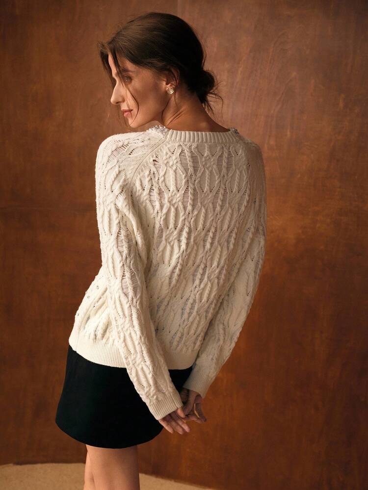 AUTUMN/WINTER HOLLOW OUT DISTRESSED RHINESTONE SWEATER, LOOSE CREW NECK TOP