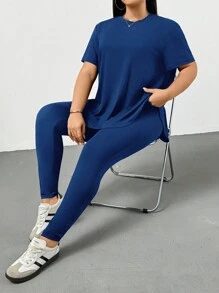 Shapeblank 大码女装春夏时尚休闲运动舒适基本百搭修身日常黑色短袖 T 恤和紧身裤两件套、裤子套装、街头服饰、机场服装、女士夏季服装、外出服装、Y2k 服装、极简主义风格、女士教堂服装 - 寶藍色 - 查看 4