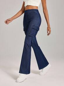 Flexra Calça Denim Feminina Casual, Versátil, Cintura Fina e Perna Flare, Para Uso Diário - Azul - Visão 5