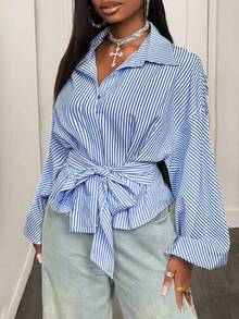 BamGleam 女士休闲性感条纹腰衬衫 - 藍色 - 查看 4