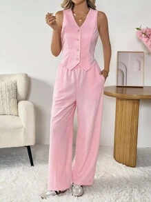 SHEIN LUNE Women's Casual Solid Color Basic Outfit Suit, Blazer Vest And Pants 2 Pieces Set - Pink - View 7