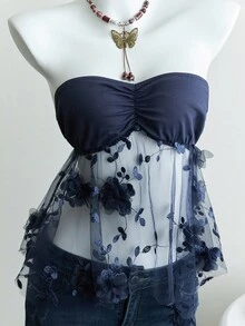 SHEIN Unity 夏季性感3D花卉装饰网眼拼布抹胸上衣 - 寶藍色 - 查看 3